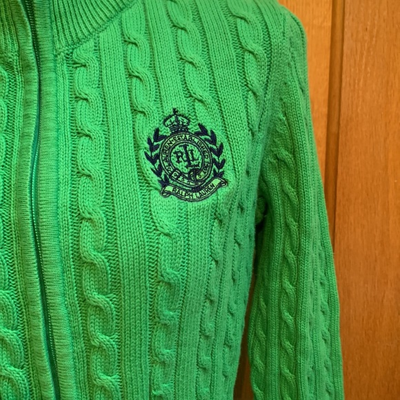 Ralph Lauren cable knit full zip lime green and navy blue sweater Medium - Picture 5 of 17